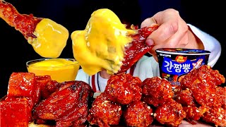 ASMR 매콤달콤 양념치킨파티🍗자메이카 통다리 양념치킨 양념멘보샤 치즈소스 찍먹방 Sweet Spicy Chicken With spicy Noodles MuKBang [upl. by Yoko]