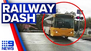 Investigation after ‘bus drives through railway crossing’  9 News Australia [upl. by Tye]