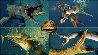 ALL MARINE REPTILES UNIQUE HUNTING ANIMATION IN JURASSIC WORLD EVOLUTION 2 [upl. by Aerol612]