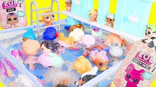 LOL Surprise Dolls Mix Pool Party with Lil Sister Fuzzy Pets  Toy Egg Videos [upl. by Regdirb]