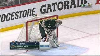 Devan Dubnyk takes a puck in wrong spot St Louis Blues vs Minnesota Wild April 22 2015 NHL [upl. by Adnilab195]