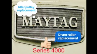 Maytag series 4000 dryer idler pulley belt and drum roller replacement 96 [upl. by Cod]