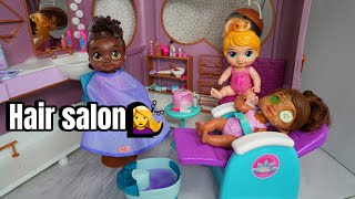 New Baby Alive dolls go to the Hair salon washing and styling doll hair [upl. by Inaluiak]