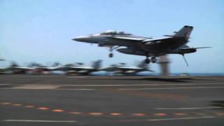 F18 Carrier Landing FA18 Hornet Jet Fighter Lands on US Navy Aircraft Carrier Deck Crew Video View [upl. by Llerrej600]