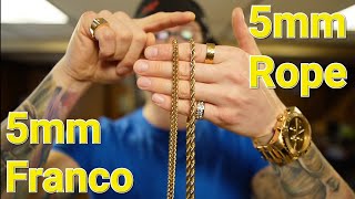 5mm Franco Chain amp 5mm Rope Chain  Gold Jewelry Sizing [upl. by Frisse]