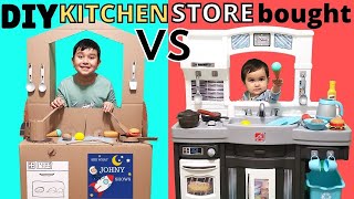 DIY Play Kitchen VS Store Bought Play kitchen Pretend Play Sibling Rivalry Cardboard Toy Kitchen [upl. by Diantha]