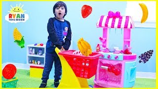 Ryan Pretend Play Cooking and Grocery Shopping with Hello Kitty Kitchen Playset [upl. by Ahsiemac]