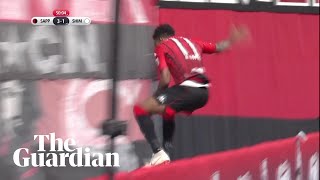 Goal celebration goes wrong as JLeague striker misjudges drop behind advertising board [upl. by Eagle829]