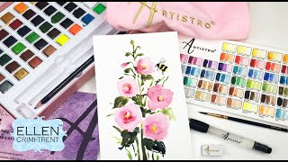 Watercolor Hollyhock painting and Unboxing Artistros new 48 pan paint set [upl. by Liagibba]