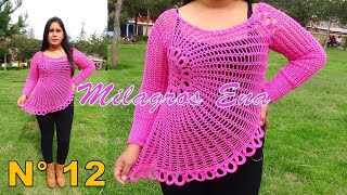 Blusa N° 12 tejido a Crochet Modelo FLOR ASIMÉTRICA paso a paso TODAS LAS TALLA S M L XL XXL [upl. by Ymarej]