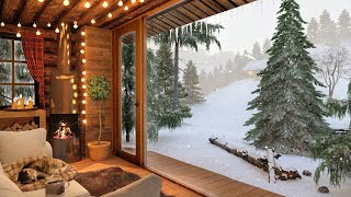 Winter Cozy Cabin in Snowfall with Crackling Fireplace Sound Relaxing Wind amp Snow Falling Ambience [upl. by Aihsas]