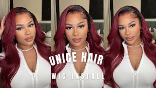 PRECOLORED BURGUNDY RED WITH DARK ROOTS WIG INSTALL  STEP BY STEP  Ft Unice hair [upl. by Rodolph789]