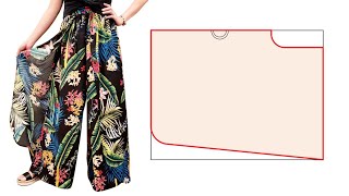 ⭐ Easy DIY Palazzo Pants with Skirt Overlay elastic belt Long culotte trousers cutting and sewing [upl. by Jacklin468]