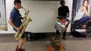 TOO MANY ZOOZ Baritone Saxophone and Drummer Duo Street Performance in NYC Union Square Subway [upl. by Attalanta824]