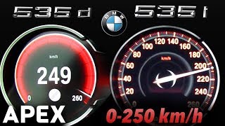 2017 BMW 535i vs 535d  Acceleration Sound 0100 0250 kmh  APEX [upl. by Ellevel]