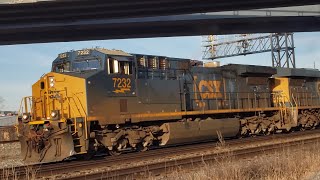 TRAINS CN 327 Mixed Freight With Smokey CSX Engines at Dorval Ramps [upl. by Eiramanitsirhc]