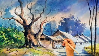 Best Landscape Painting for Beginners  Watercolor tutorial  Watercolour technique diptaartworld [upl. by Acinoj]