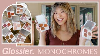 NEW Glossier Monochromes Eyeshadow Review ⭐️ 8 palettes swatched comparison application amp discount [upl. by Alyac]