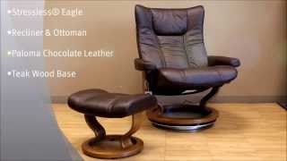 Stressless Eagle Recliner Chair and Ottoman Paloma Chocolate Leather Teak Wood base By Ekornes [upl. by Aidnahs]