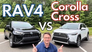 2022 RAV4 vs Corolla Cross  Comparing Sizes Power MPG Specs More [upl. by Ellecrad]