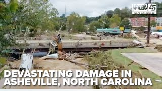 Drone video shows devastating damage in Asheville NC from Hurricane Helene flooding [upl. by Onitnevuj]