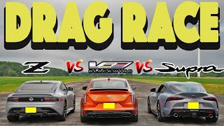 2023 Cadillac CT4 V Blackwing vs Toyota GR Supra vs Nissan Z RWD Battle Drag and Roll Race [upl. by Tasia]