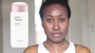 Missha All Around Safe Block Soft Finish Sun Milk Sunscreen SPF50 Demo and Review on Dark Skin [upl. by Kreiner406]