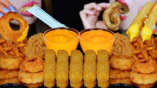 ASMR CHEESY FRIED FOOD FEAST GIANT CRUNCHY ONION RINGS MOZZARELLA STICKS FRIED CHICKEN FRIES 먹방 [upl. by Aicital]