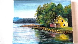 Acrylic Painting  House along river Using 5 Colors Waterscape Scenery art drawing how easy diy [upl. by Hillel]