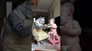 The porridge cooked by the cat is just right and he is feeding the porridge to the baby It is so [upl. by Anyad]