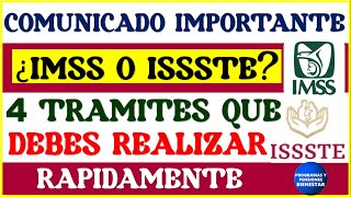 🔴🥳SUPER URGENTE📢¿IMSS o ISSTE 4 trámites que debes realizar rápidamente te explico de que se trata [upl. by Klatt]