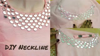 Easy mirror work design on blousekurtichudidhar neckline  hand embroidery [upl. by Innob213]