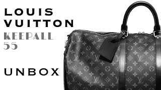 LOUIS VUITTON Keepall 55  MONOGRAM ECLIPSE UNBOXING [upl. by Alyacim283]