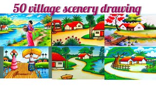 50 Village scenery drawing  Oil pastel Colour drawing  Village drawing [upl. by Happy]