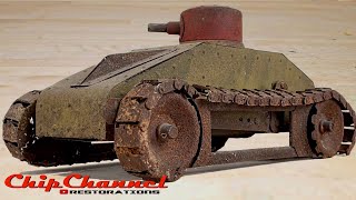 1918 Structo Wind Up Tank Restoration Motorized Army Tank Toy Rare Antique clockwork [upl. by Ahsykal84]