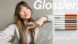 GLOSSIER SKYWASH REVIEW  DISCOUNT CODE All 7 shades swatched amp first impression [upl. by Sicular]