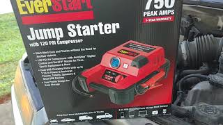 EVERSTART 750 Amp Jump Starter with 120 PSI Digital Compressor Review  How to use [upl. by Ehtylb]