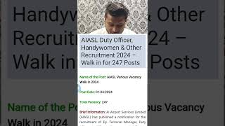 AIASL Duty Officer Handywomen amp Other Recruitment 2024 – Walk in for 247 Posts [upl. by Madda]