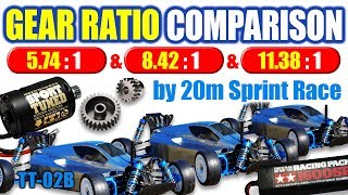 GEAR RATIO COMPARISON by 20m Sprint Race TAMIYA TT02B Neo Scorcher Sport Tuned Motor TBLE03S [upl. by Doersten556]