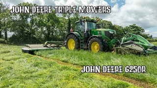 John Deere 6250R amp John Deere Triple Mowers [upl. by Aveer]