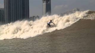 Surfing the Silver Dragon Tidal Bore Qiatang River China 2011 [upl. by Nuhsed]