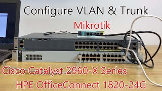 Configure VLAN and Trunk for HPE 182024G Switch J9980A Cisco Catalyst 2960 X Series and Mikrotik [upl. by Neelasor]