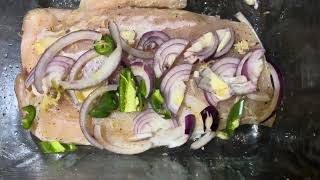 Barramundi Fish Bake with Onion Green Chillies and Garlic [upl. by Ddarb]