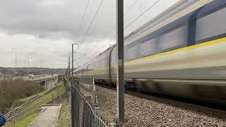 Eurostar e320 passing the Medway Bridge at High Speed 040223 [upl. by Henriha968]