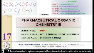 Lecture 17 Stereoisomerism in biphenyl compounds Atropisomerism  Pharma Org Chem iii BP40T [upl. by Aratehs]