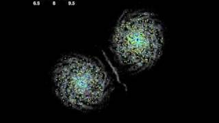 Simulatie van botsende sterrenstelsels waarbij bolvormige sterrenhopen overleven [upl. by Capriola944]