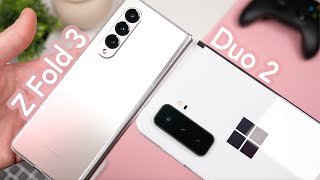 Which one is better in 2022  HONEST Review of Samsung Galaxy Z Fold 3 vs Microsoft Surface Duo [upl. by Letrice]