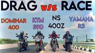 Ns 400z vs Yamaha R3 vs Rc390 vs Dominar400 Drag race in this video yamaha bajaj ktm rc390 [upl. by Elehcin926]