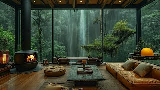 Cozy Forest Living Room Ambience with Soothing Waterfall  Rain Sounds For Meditation Deep Sleep [upl. by Ryley]