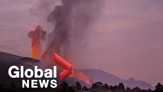 La Palma volcano Lava flows from mountain as eruption keeps island airport closed [upl. by Ahsillek]